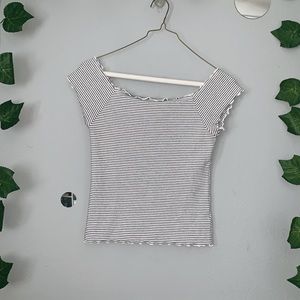 Ribbed Trim Striped Off the Shoulder Crop Top